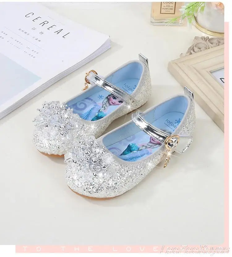 Disney Girls Princess Shoes Soft Sole Little Girl Frozen Children Crystal Casual Shoes Flat Leather Show Dance Shoes Size 22-36