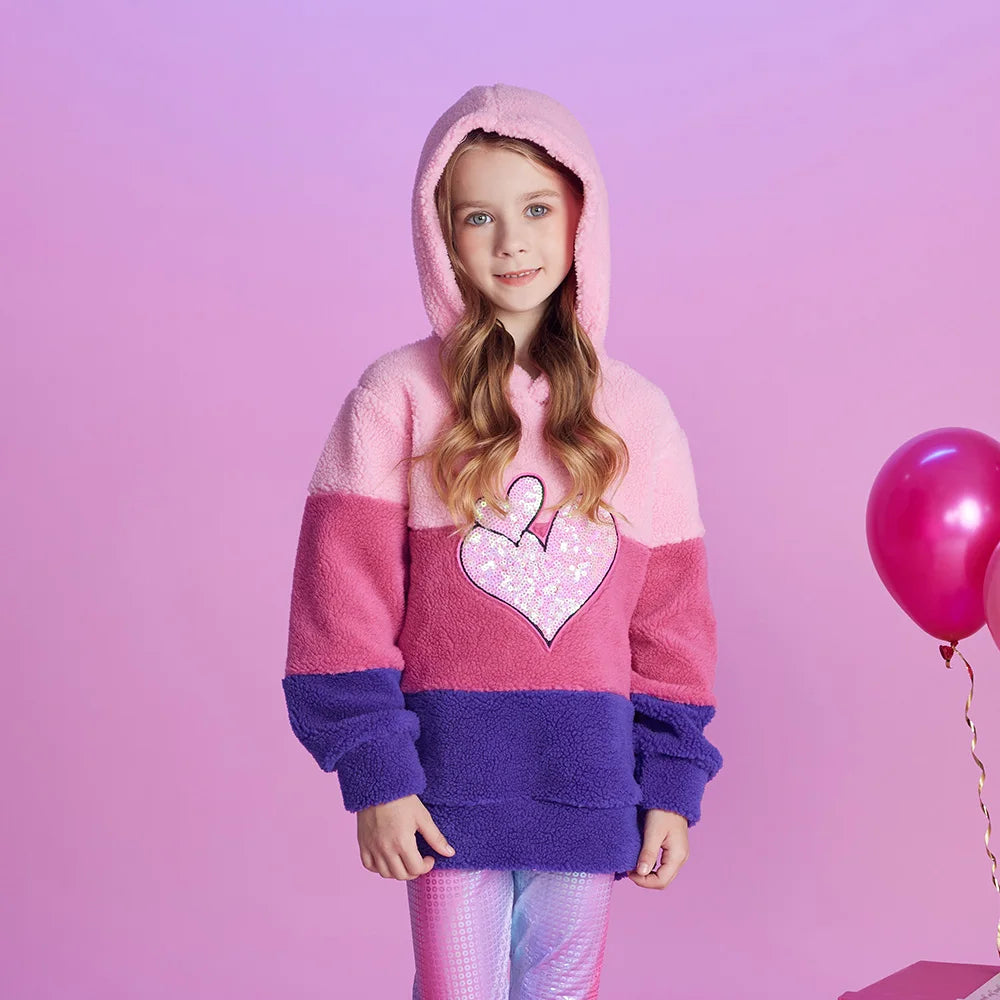 VIKITA Kids Fleece Hoodies Girls Autumn Winter Heart Sequined Hooded Sweatshirt Girls Striped Hoodies Outwear Coat Kids Clothes