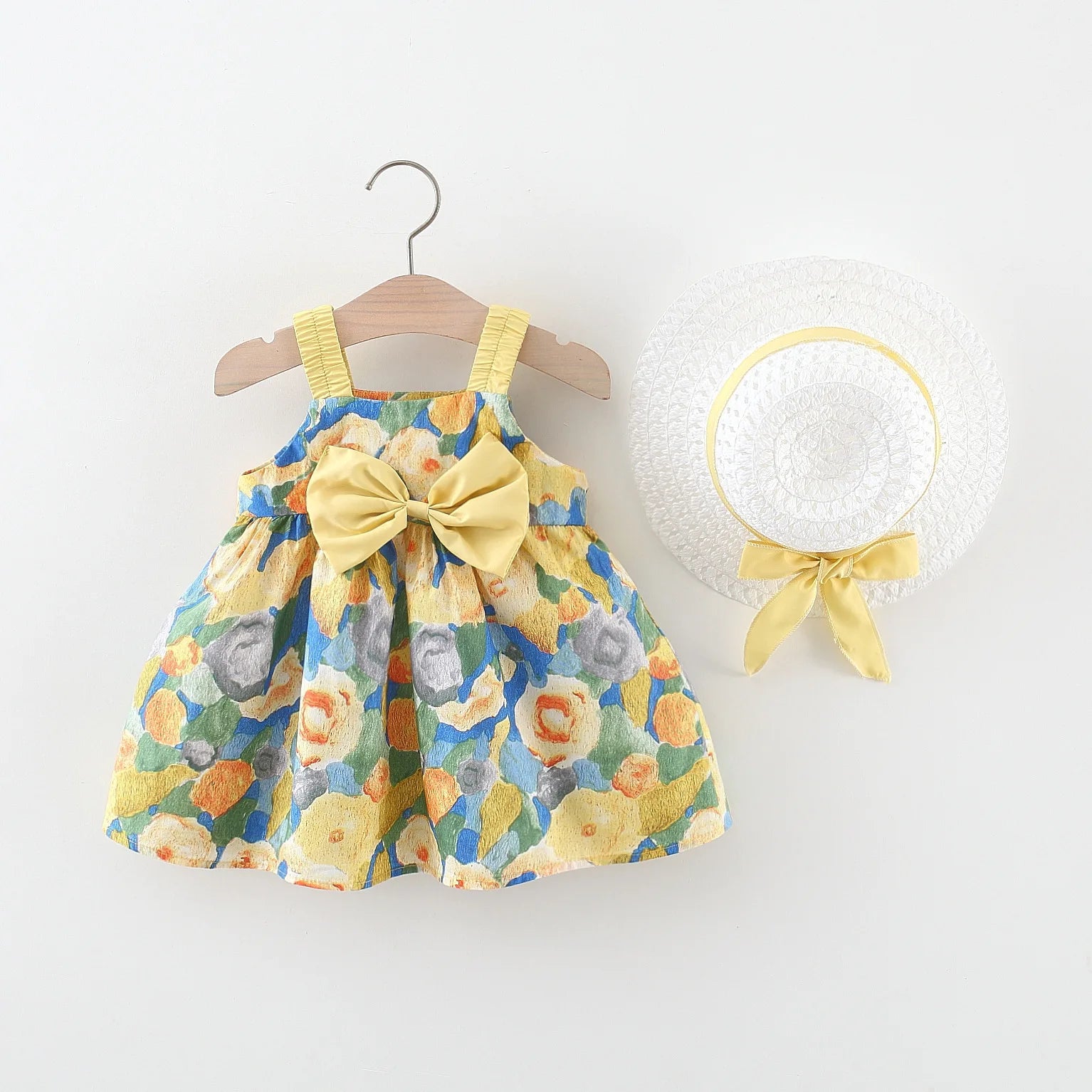 (0-3 Year Old Baby Girl Dress) Summer New Small Floral Bow Children'S Sleeveless Clothes, Free Bow Hat Included