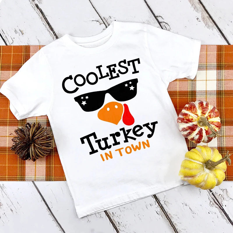 Coolest Turkey in Town Print T Shirt Kid Thanksgiving Clothes Mama's Little Pumpkin Toddler Thanksgiving Tops Cute Halloween Tee