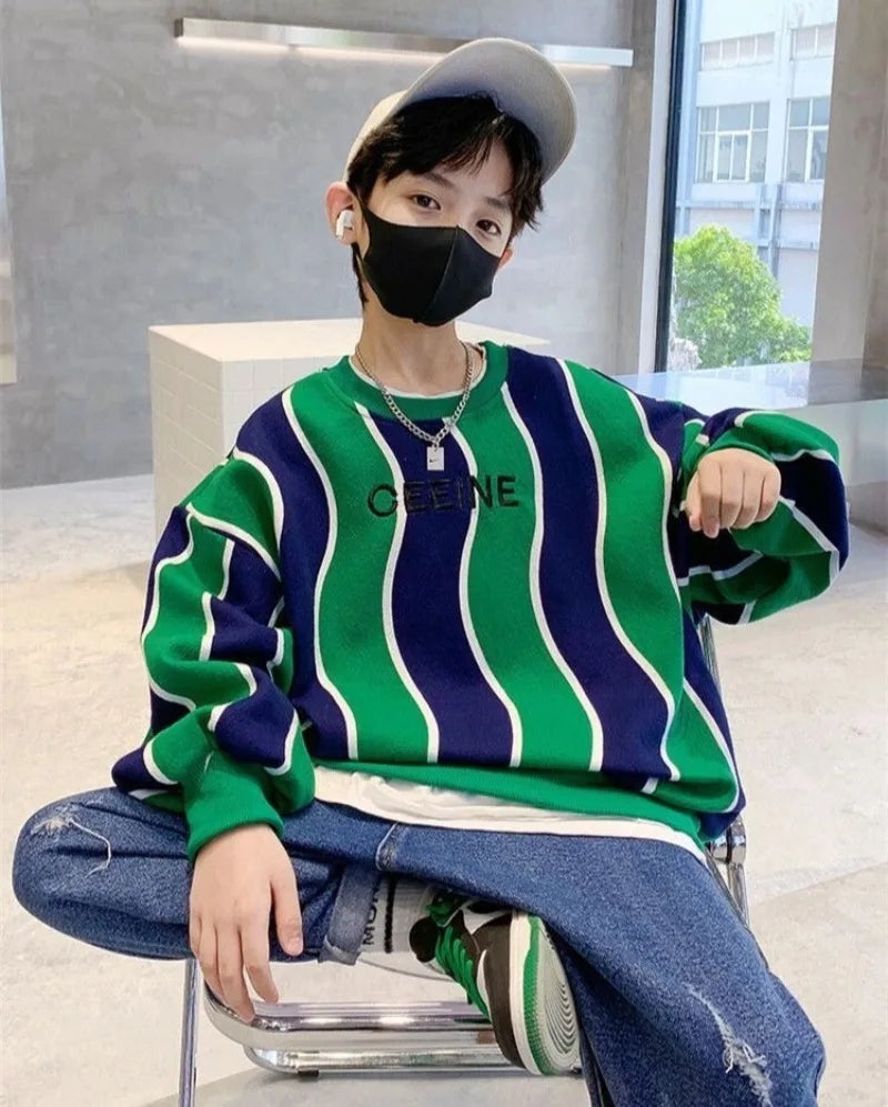 Boys' Medium-Large 2025 New Arrival No Hood Fleece-Lined Spring/Autumn Trendy Cool Kids Sweatshirt