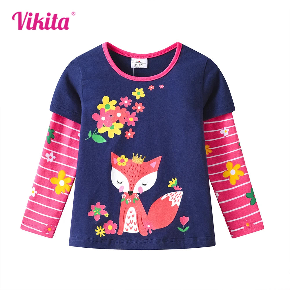 VIKITA Girls Casual Cute Long Sleeve Cotton T Shirt O Neck Squirrel Floral Print Navy Blue Tops Cotton Daily Wear Kids Clothing