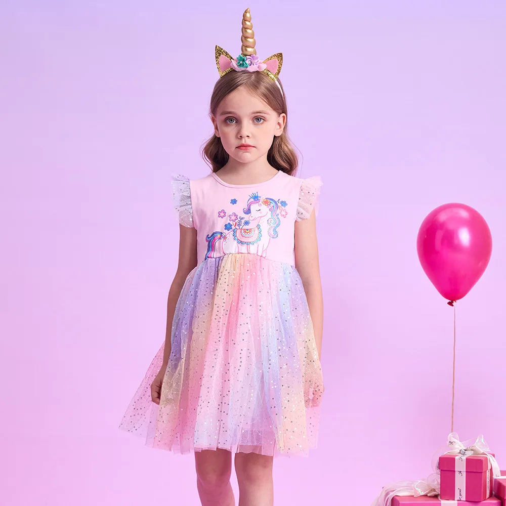 VIKITA Kids Flare Sleeve Summer Dress Girls Unicorn Flower Print Dresses Girls Pink Princess Birthday Party Gradient Cute Dress