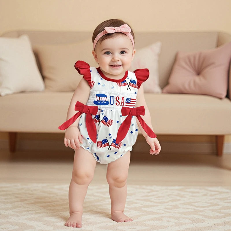 Toddler Girls Patriotic Sleeveless Romper with Ruffled Hem and American Flag Print for 4th of July Celebration