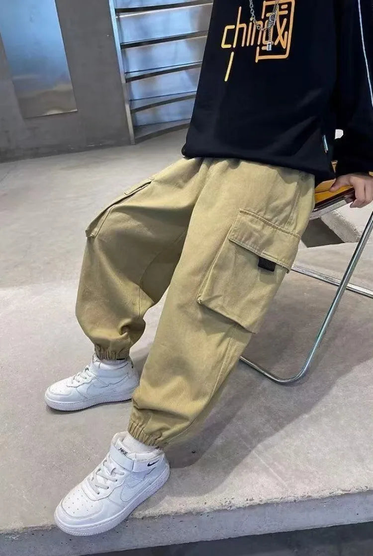 2025 Spring Boys' Casual Cargo Pants - Loose Fit Trendy Sweatpants for Kids, Versatile Streetwear, Durable Kids' Pants (3-14Y)