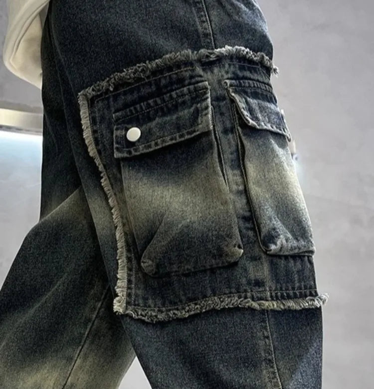 2025 Boys' Cargo Pants All-Season Washed Tie-Dye Denim Long Pants Trendy Casual Style