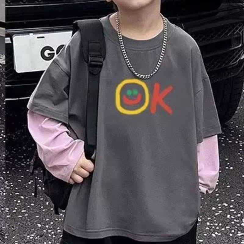 Fake Two Pieces Child Clothes 3 Years Children's Clothing Boys Kids 7 14 T-shirt Boy Tee Elementary Student Men's Graphic Shirts