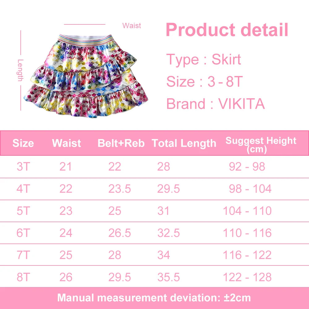 VIKITA Kids Mermaid Print Skirt Girls Beach Casual Party Skirts Kids Colorful Sequins Ruffles Skirt Fashion Princess Mini Skirts