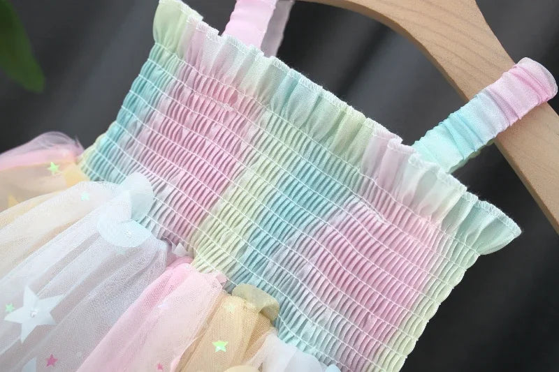 New Girls Dress Summer Butterfly Wings Colorful Dream Princess Dress Birthday Party Dress Geometric Glitter Dress Suspenders