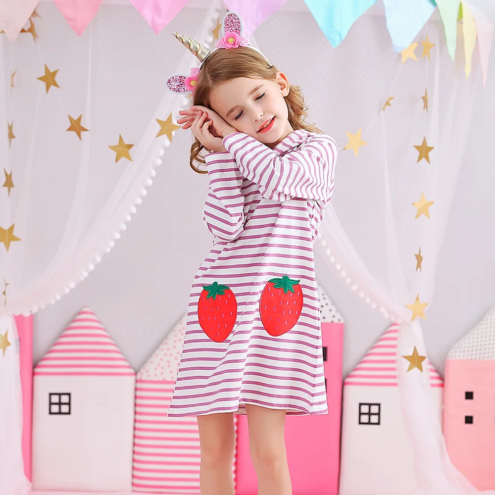VIKITA Girls Autumn Hoodies Strawberry Pink Striped Straight Dresses Kids Sports Street Fashion Casual Cotton Hoodies Dress