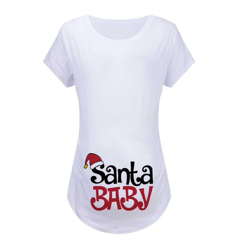 Christmas Womens Maternity T-shirt Santa Baby Printed Pregnant Women T Shirt Pregnancy Casual Short Sleeve T Shirt White Clothes