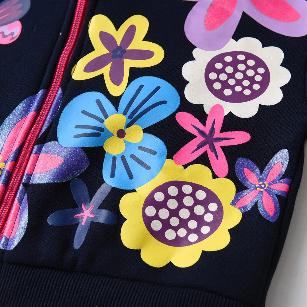 VIKITA Girls Autumn Winter Jacket Children Hooded Coats Girls Floral Print Zipper Outerwear Kids Cotton Casual Sports Jackets