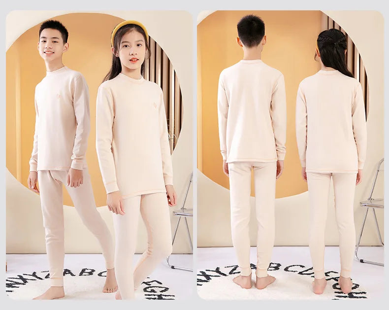 Thermal Underwear for Boys Cotton Thicken Warm Autumn Winter Teenage Children Underwears Set Solid Two Pieces Girls Clothing Set