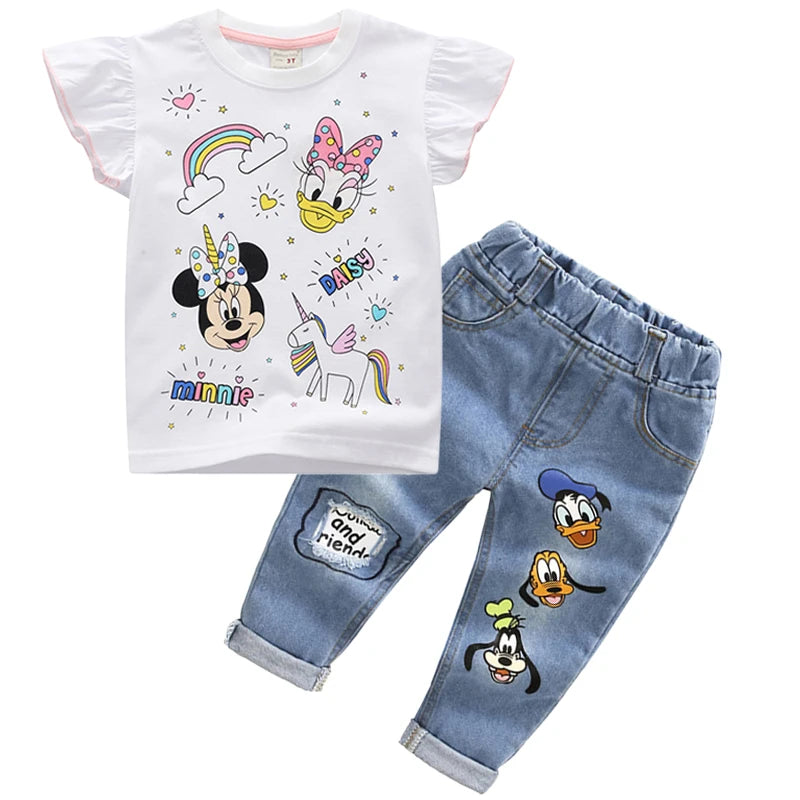 2024 Summer Baby Girls Clothing Set Cartoon Minnie Mouse T-shirt Jeans Pants 2Pcs For 2-6 Years Kids Clothes Child Tracksuit