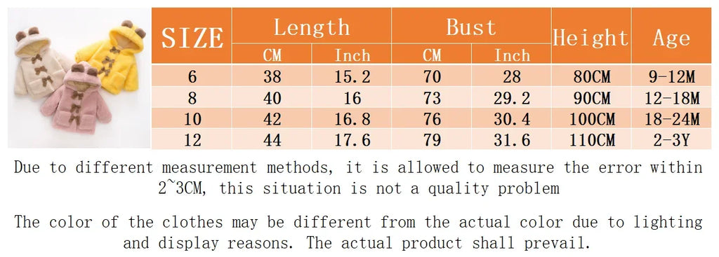(0-3 Years Old Girls) Winter New Girls' Top Warm Furry Hat Bow Ribbon Warm Cute Hooded Bear Ears Long Sleeve Pocket