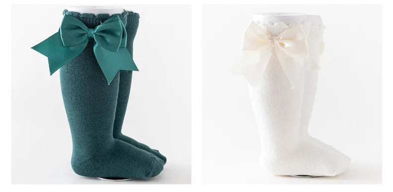 1 Pair Spanish Style Girls Socks Solid Color Big Bow 100% Cotton Baby Children Toddlers Long Socks Princess Knee High Socks
