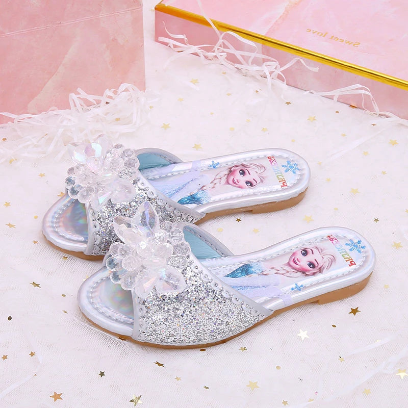 Disney Children's Sandals Frozen Slippers Fashion Elsa Princess Shoes Crystal Flowers Non-slip Blue Pink Silver Girls' Sandals