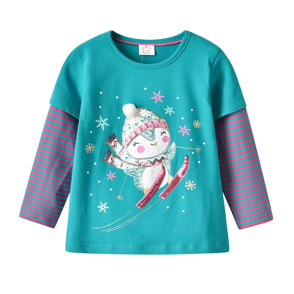 VIKITA Girls New Year Christmas Xmas Striped T Shirts Toddlers Snowman Snowflakes Cartoon Appliqued Cotton Casual Tops Tees Gift