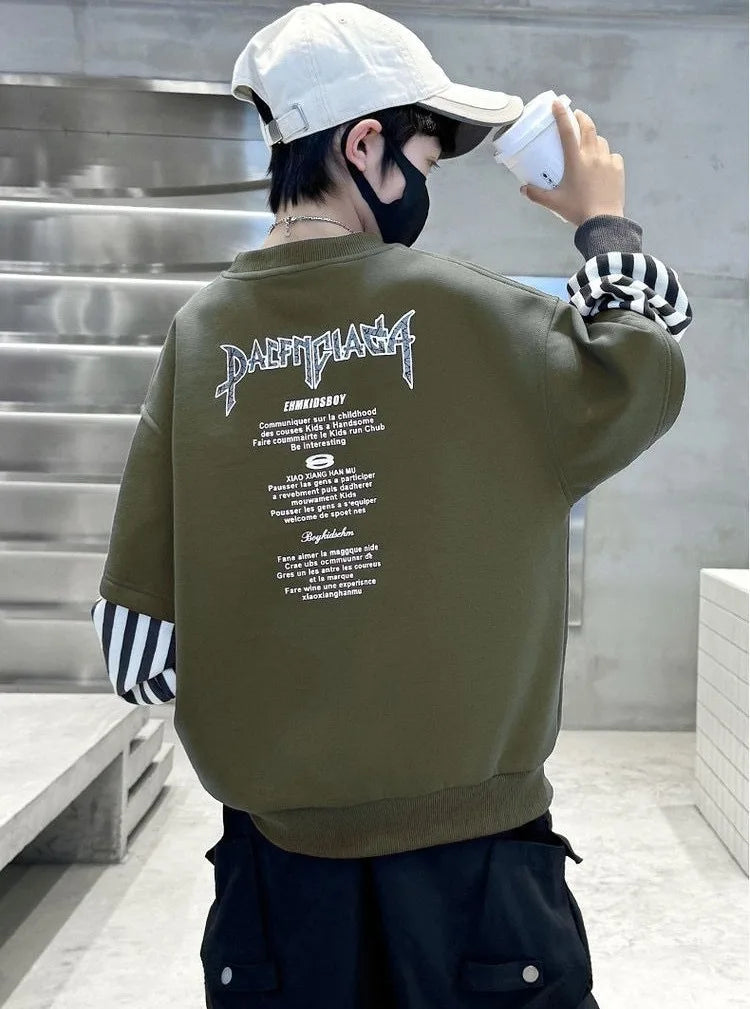 Boys' Medium-Large 2025 New Arrival No Hood Long Sleeve Fake Two-Piece Loose Fit Stylish Sweatshirt for Spring