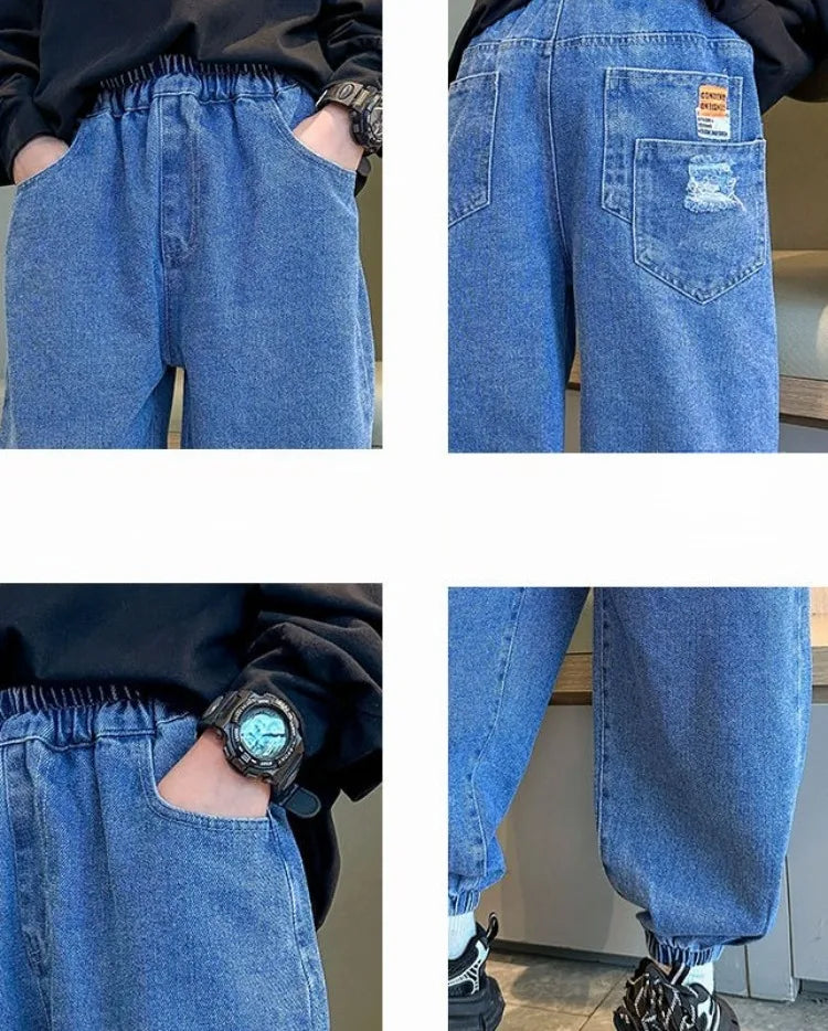 2025 New Boys' Denim Jeans Spring Autumn Kids Casual Sport Pants Long Korean Style Trendy Streetwear