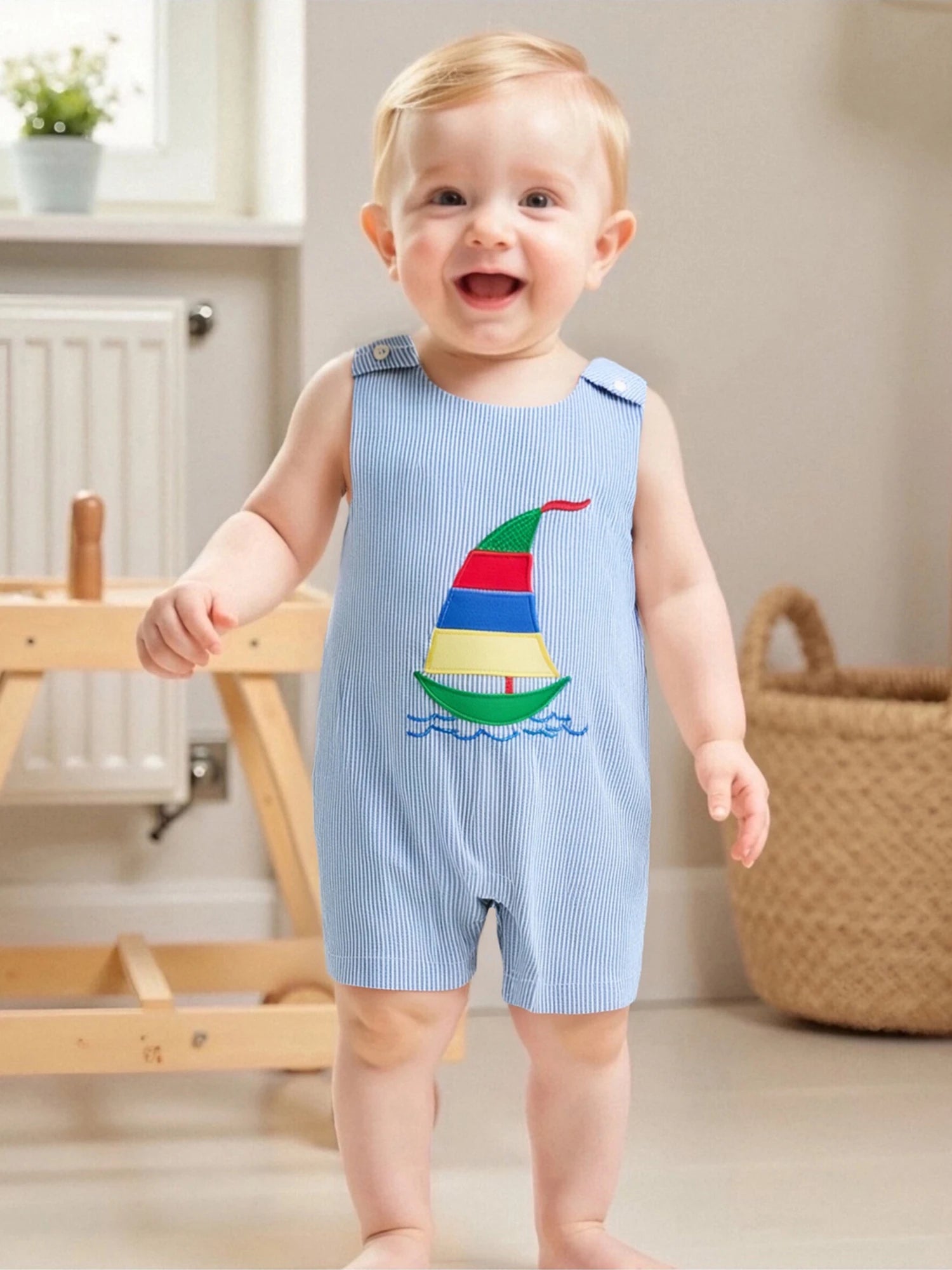 Toddler Boy Nautical Striped Romper with Anchor Embroidery Adorable Sleeveless Jumpsuit Beachwear for Summer Fun