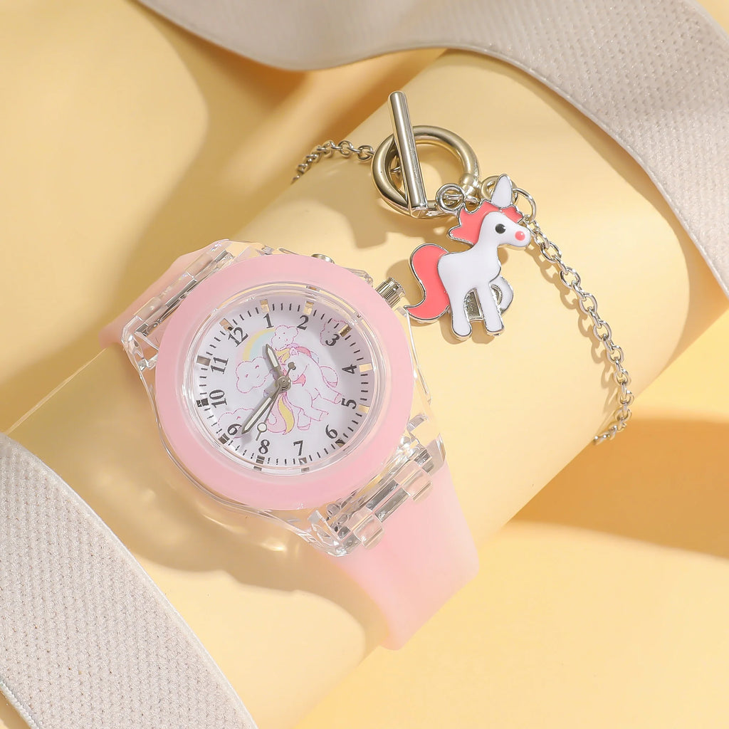 Fashion Exquisite Luminous Unicorn Series Silicone Watch + Unicorn Bracelet Set