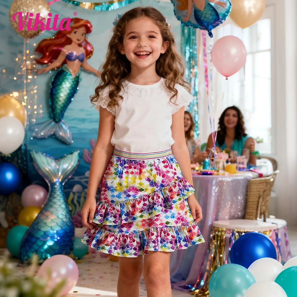 VIKITA Kids Mermaid Print Colorful Summer Skirts Kids Shiny Vacation Party Sequins Ruffles Skirt Fashion Princess Mini Skirts
