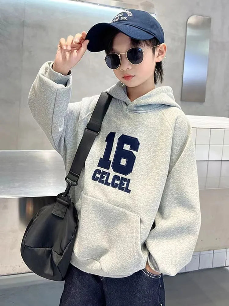 2025 Autumn Winter New Boys Mid-Large Size Fleece-Lined Hooded Sweatshirt - Stylish Boys Outerwear