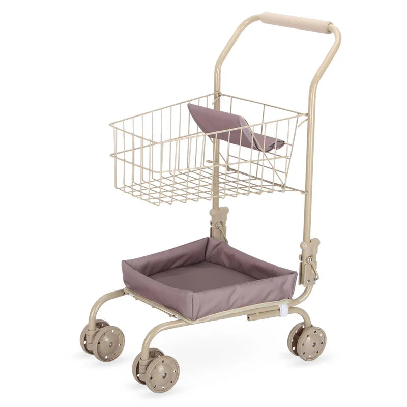 Girls Toy Shopping Cart with Sturdy Metal Frame Foldable Doll Trolley with Storage Basket Pretend Play Gifts for Kids Toddler