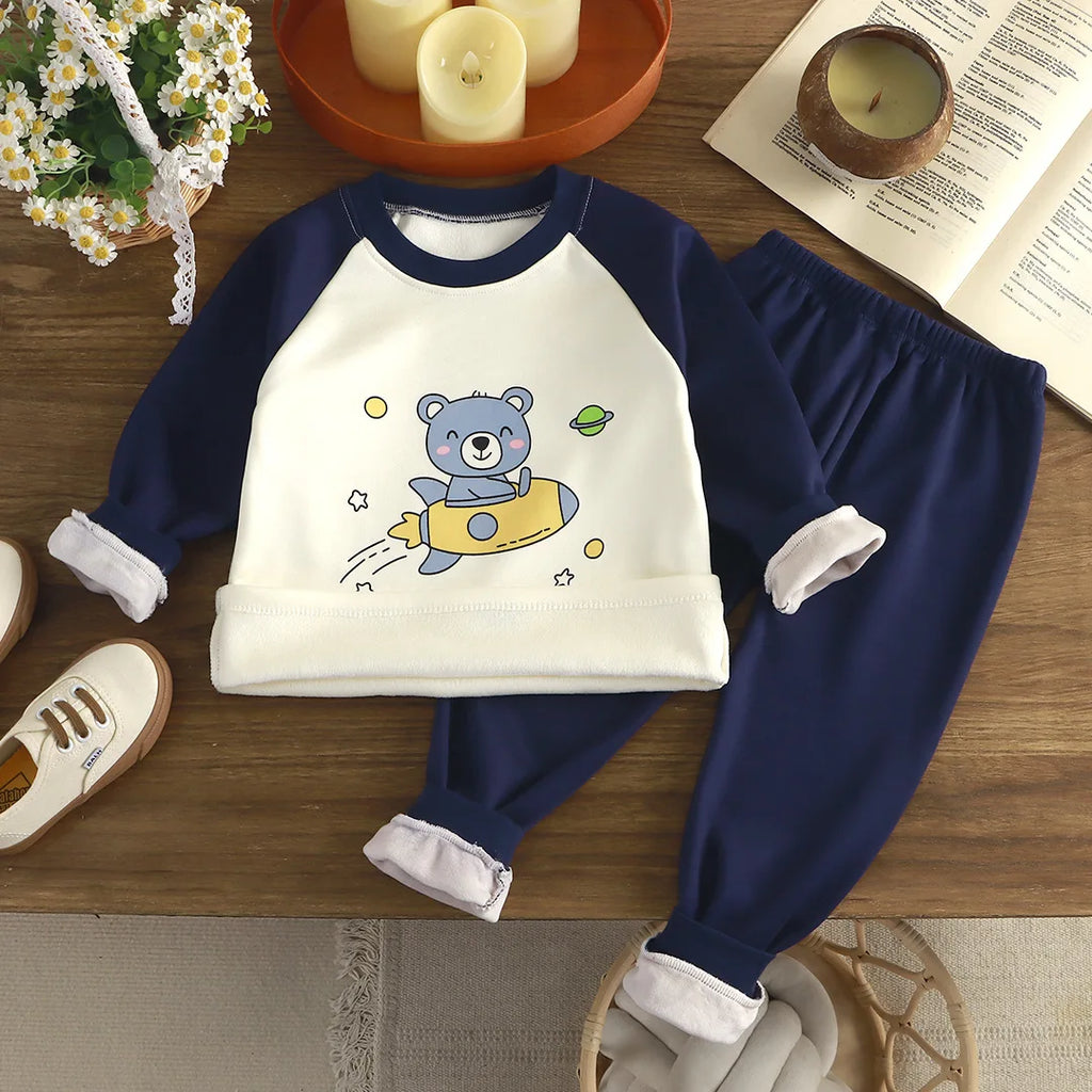 Winter New Childrens Casual Long Johns Simple Daily Bear Long Sleeve Top and Pants 2-Piece Set Sleep Wear