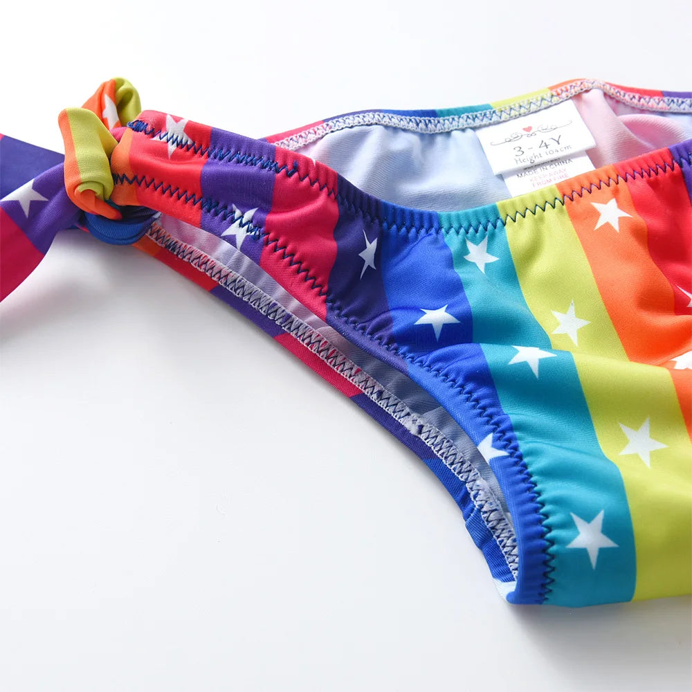 VIKITA Kinder-Badeanzug-Sets für Mädchen, Regenbogenfarben, Streifen, Sternenmuster, Strandmode, Reisemode, süßer Bikini, 2-teilig, 4-10 Jahre