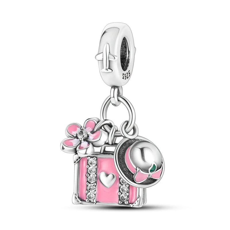 Pink Series Original 925 Sterling Silver Charm Bead Travel Airplane Pendant Fit Original Bracelet Necklace For Women DIY Gift