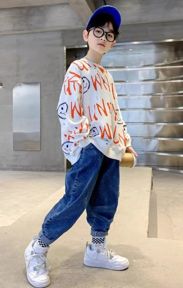 Boys' Medium-Large 2025 New Spring/Autumn No Hood Sassy Street-Style Long Sleeve Layering Top Sweatshirt