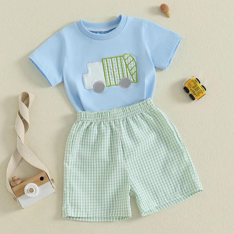 Baby Boy Casual Outfit Dinosaur Print Short Sleeve T-Shirt Denim Shorts 2Pcs Set for Summer Beach Vacation