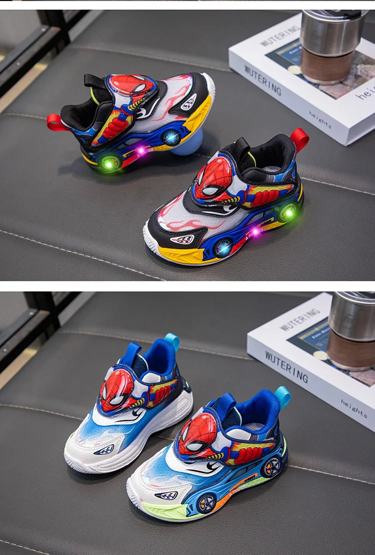 Disney Children's Shoes Fashion Cartoon LED Lights Spiderman Sneakers for Boys Breathable Sport  Anti-slip Student Shoes Size 26