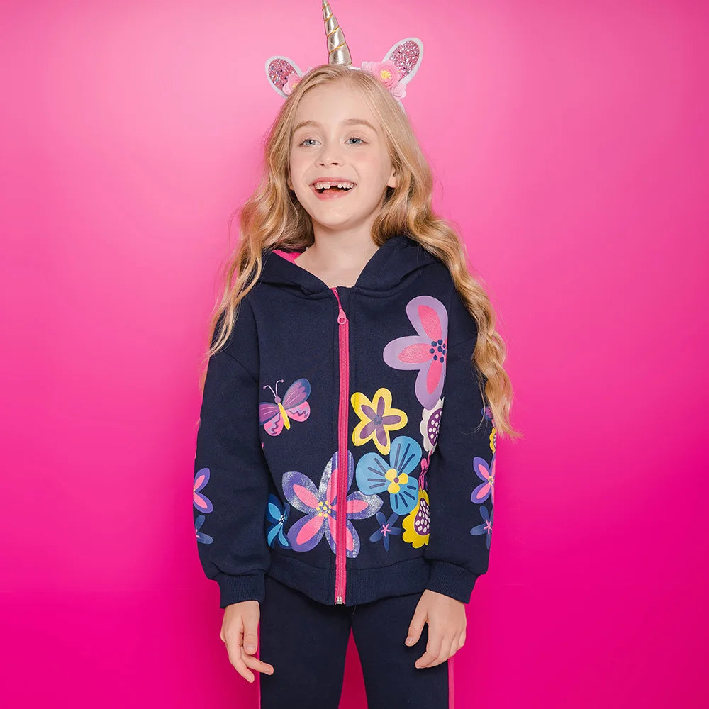 VIKITA Girls Autumn Winter Jacket Children Hooded Coats Girls Floral Print Zipper Outerwear Kids Cotton Casual Sports Jackets