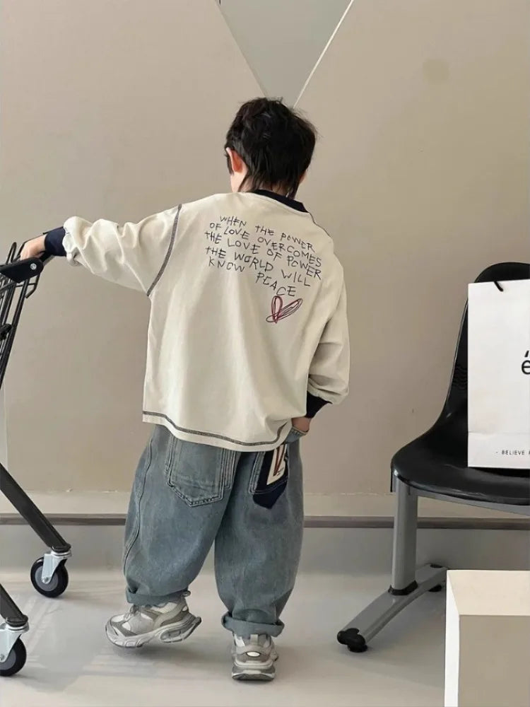 Loose Letters T-shirt for Kids Boy Children's Clothes Boys' Outdoor Child Years Clothing Boys' 7 14 Korean 2025 Tshirt Top 12 8