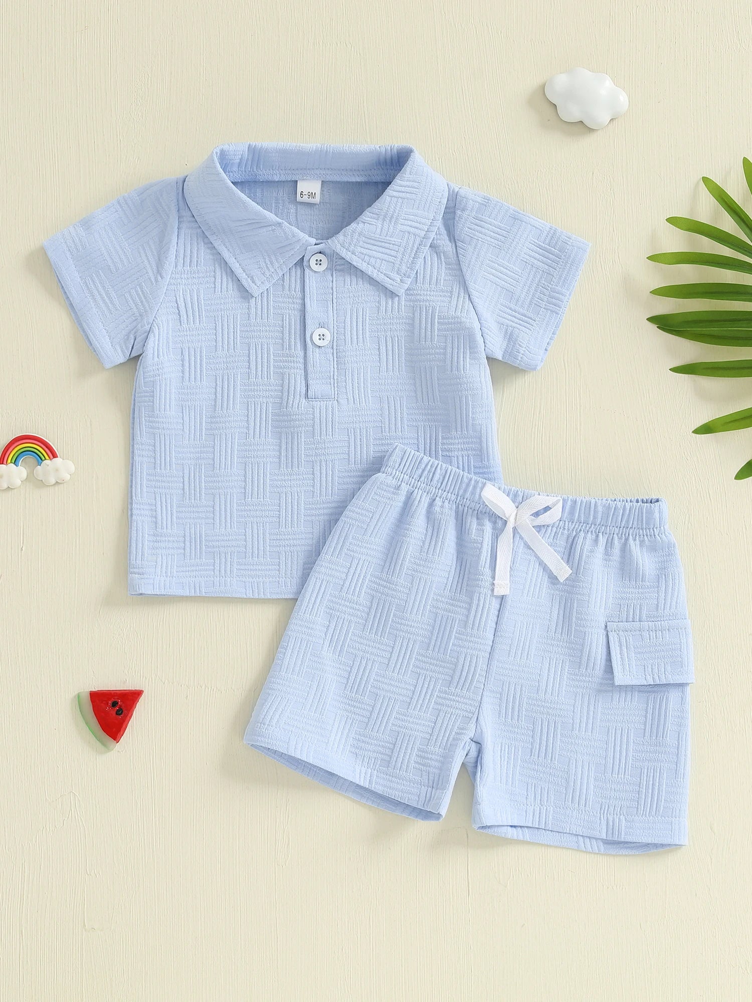 Boys Stylish Jacquard Collared Shirt and Elastic Waist Shorts Set for Summer - 2-Piece Toddler Outfit with Short Sleeves