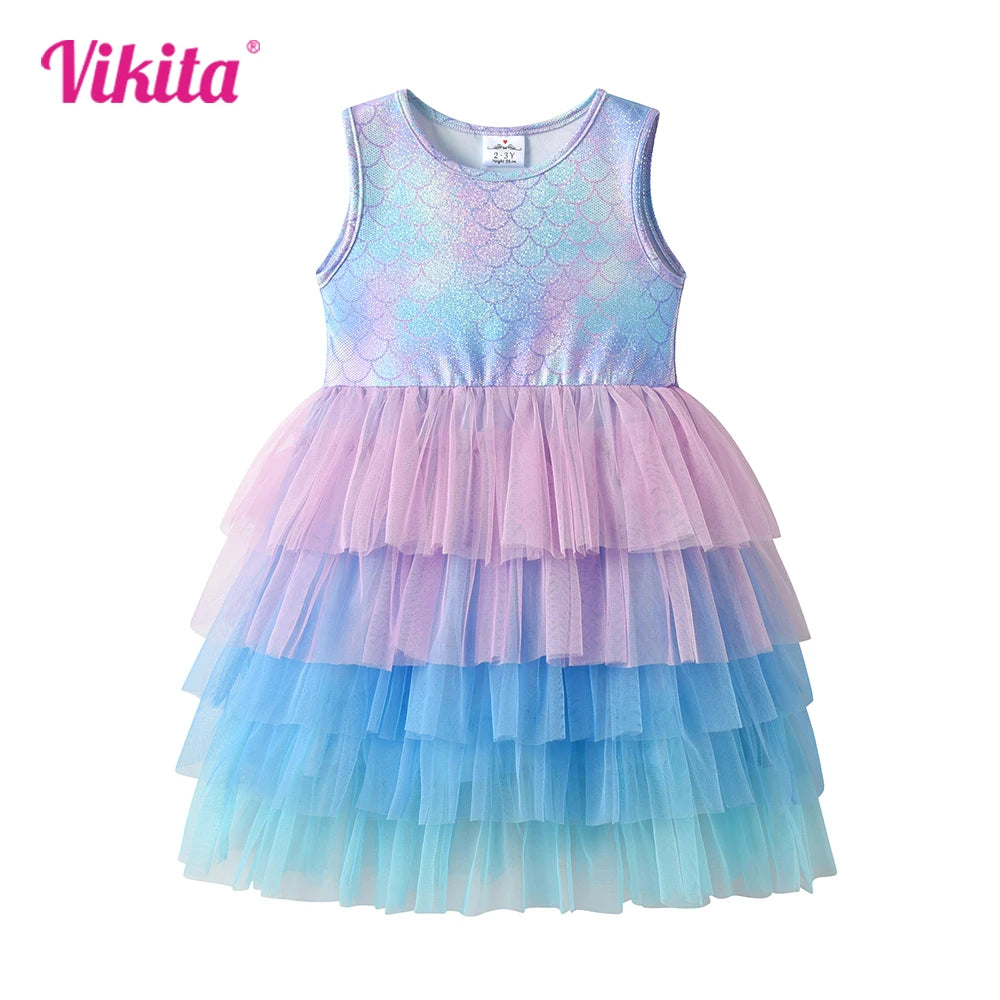 VIKITA Girls Fancy Fashion Dress Kids Summer Sleeveless Gradient Vestidos Girls Mesh Birthday Party Princess Tutu Cake Dress