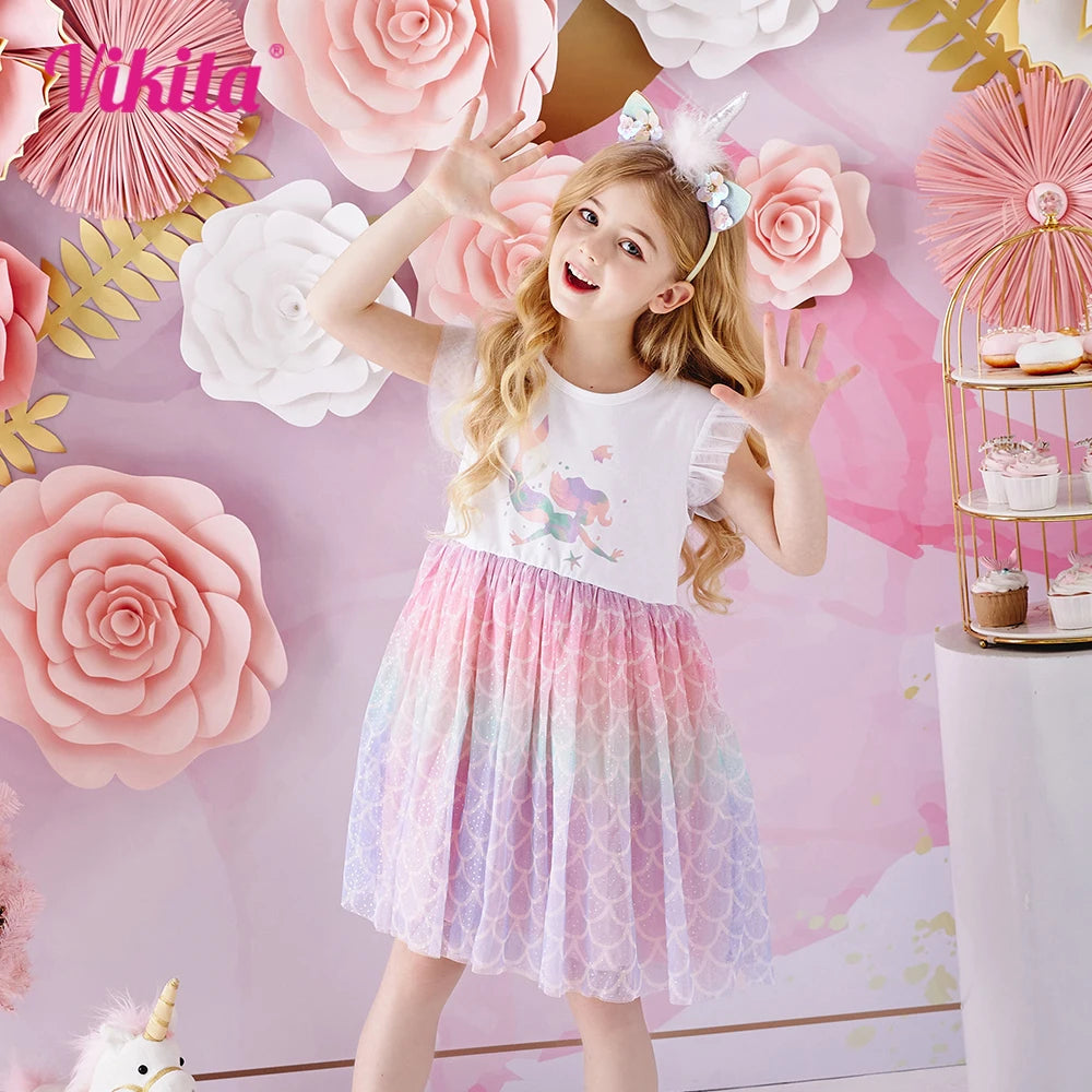 VIKITA Kids Mermaid Print Cartoon Dress Girls Gradient Vacation Birthday Party Casual Princess Flare Sleeve Summer Dresses 3-8 Y