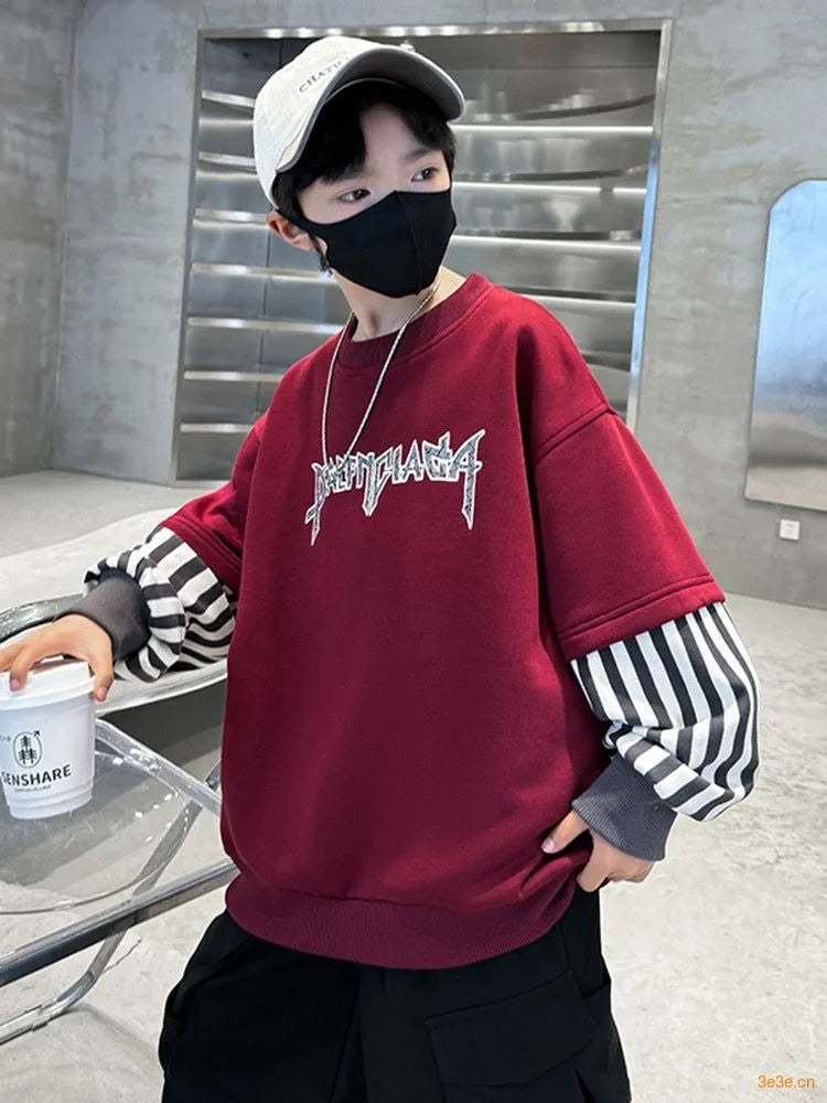 Boys' Medium-Large 2025 New Arrival No Hood Long Sleeve Fake Two-Piece Loose Fit Stylish Sweatshirt for Spring