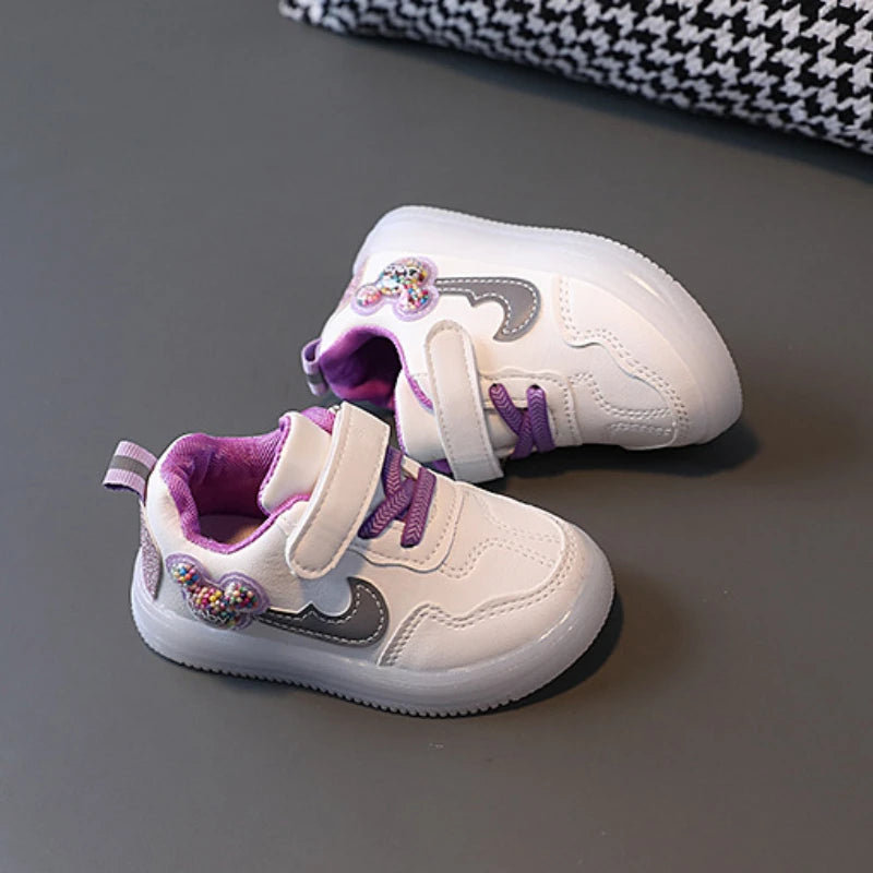 Kids'Casual Shoes Children Led Light Cartoon PU Leather Spring Anti-slip Soft Bottom Sneakers Black Pink Size 21-30