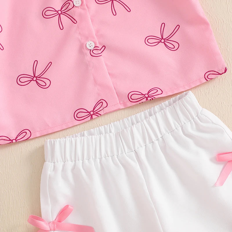 Girls Summer Outfits Adorable Bow Print Short-Sleeve T-Shirt with Button-Up Detail and Elastic Flare Pants - 2-Piece Set for