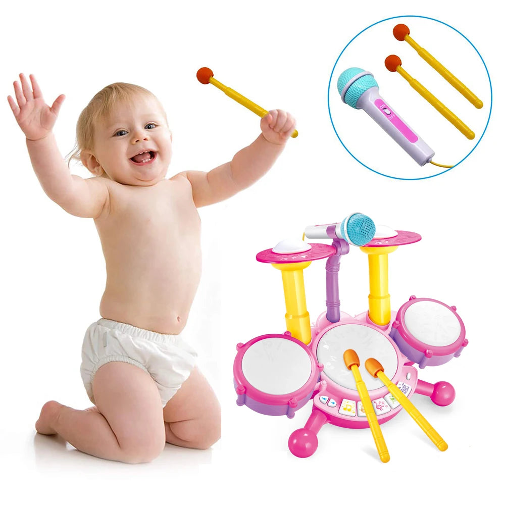 Kids Boy Girl Electric Drum Kit,Musical Instruments Learning Toys with 2 Drum Sticks Adjustable Microphone Birthday for Boys&Gir