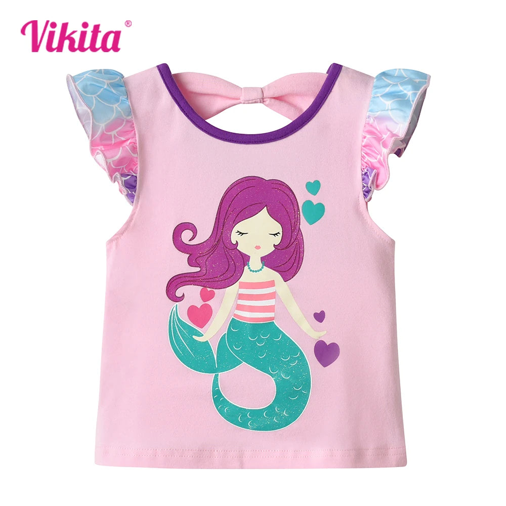 VIKITA Girls Mermaid Print Cute Fashion T Shirt Kids Flare Sleeve Cotton Casual Tops and Tees Girls Pink Daily School Costumes
