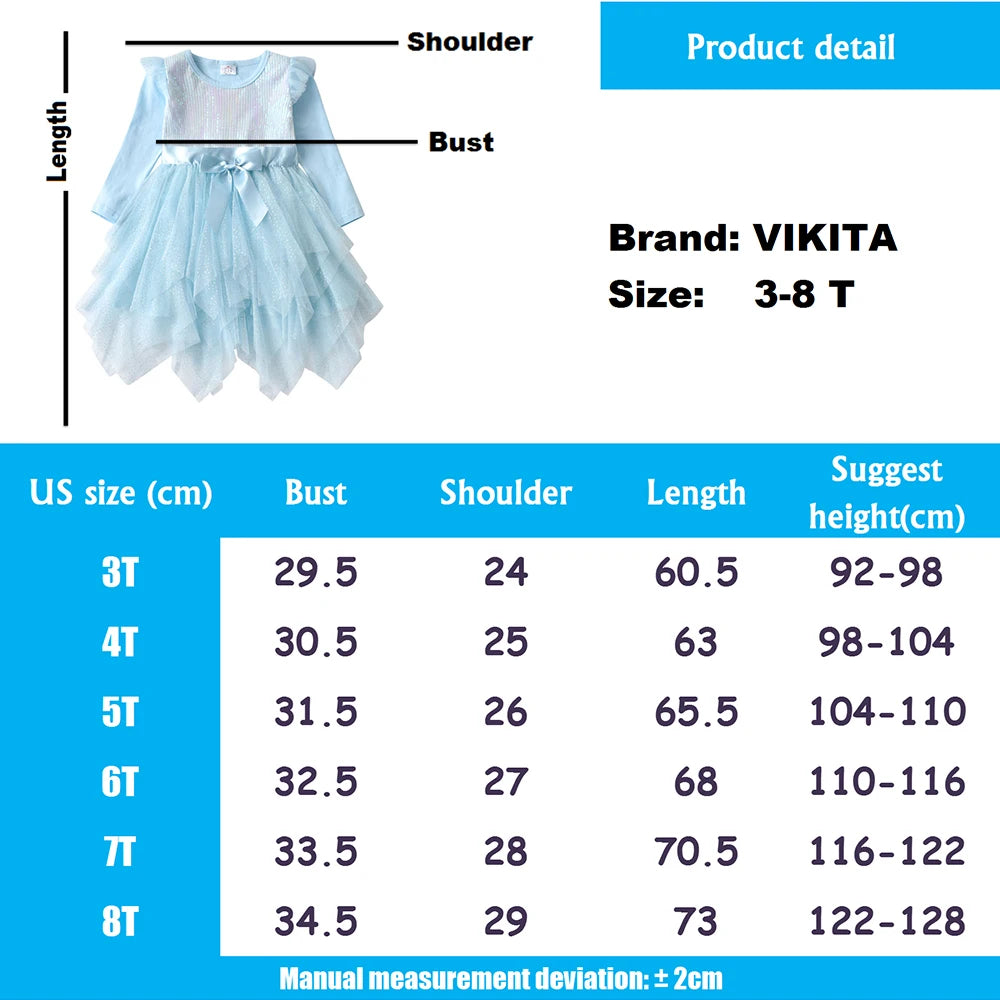 Girls Sparkly Light Blue Long Sleeve Autumn Spring Dress Toddlers Sequins Glittery Irregular Layered Tutu Princess Party Dresses