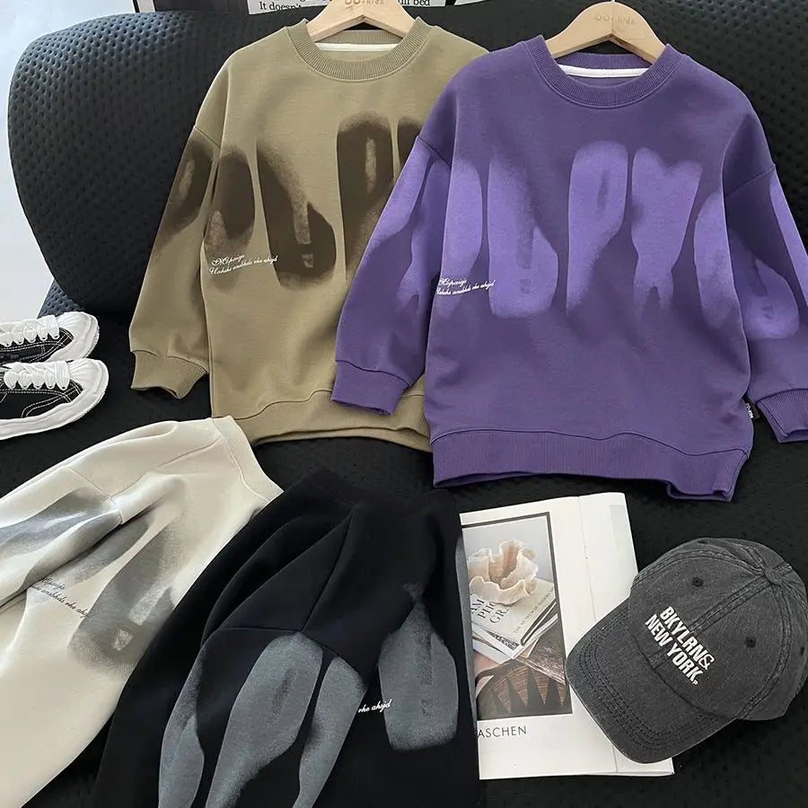 Boys' Medium To Large 2025 New Arrival No Hood Crewneck Spring/Autumn Trendy Street Style Kids Sweatshirt