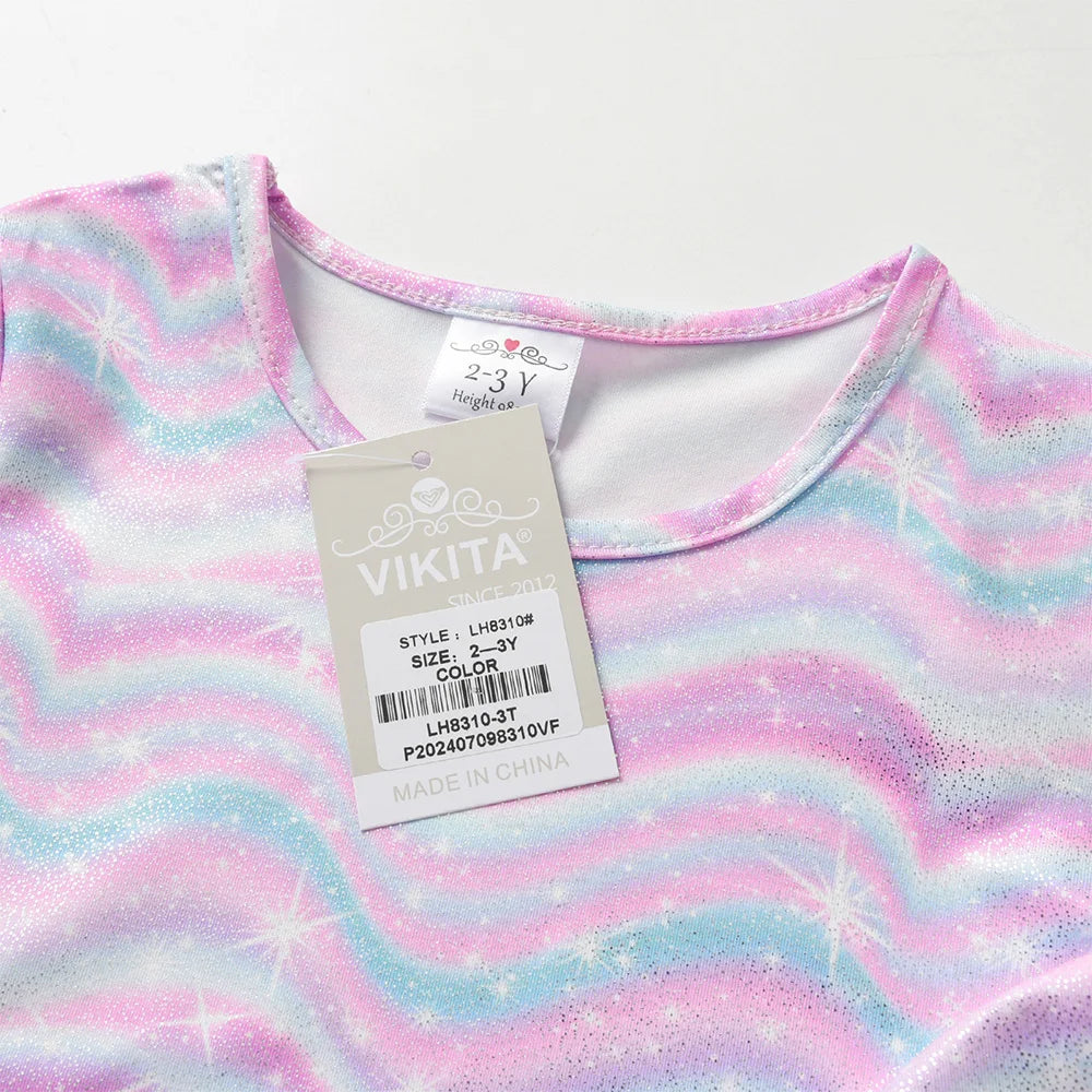 VIKITA Girls Autumn Spring Long Sleeve Dress Kids Rainbow Print Striped Dresses Girls Casual Daily Travel Princess Vestidos