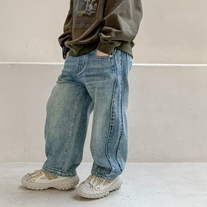 Boys' Korean Style Straight Leg Jeans for Kids - Spring 2025 New Vintage Blue Unisex Children's Denim Pants