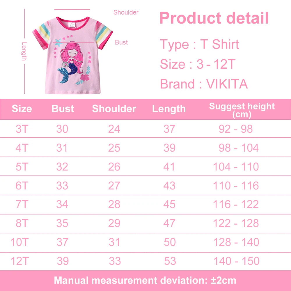 VIKITA Girls Mermaid Print Cartoon T Shirt Kids O Neck Summer Short Sleeve T Shirts Girls Pink Cotton Casual Tops and Tees Wear